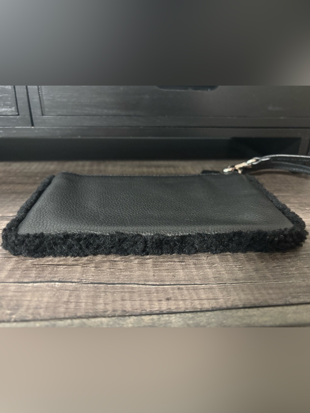 Coach Black Pebbled Leather Shearling-Trim Wristlet - Picture 4 of 11